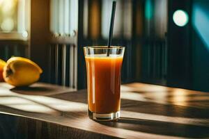 a glass of orange juice on a wooden table. AI-Generated photo