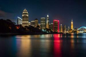 a city skyline at night with lights reflecting in the water. AI-Generated photo