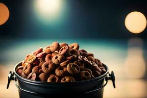 a bucket filled with nuts on a table. AI-Generated photo