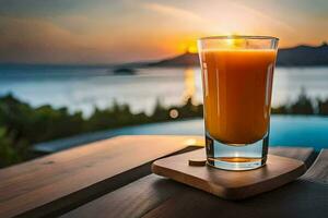 vaso de naranja jugo en un de madera mesa con un ver de el océano. generado por ai foto