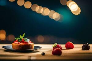 a small cake on a plate with berries and a bokeh background. AI-Generated photo