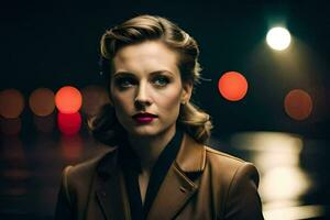 a woman in a brown jacket and red lipstick. AI-Generated photo