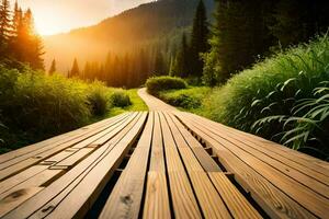 wooden path in the forest at sunset. AI-Generated photo