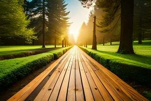 a wooden path leads to the sun in the middle of a green park. AI-Generated photo