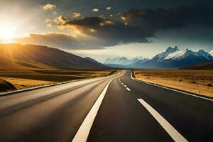 the sun is shining on a road in the middle of the desert. AI-Generated photo