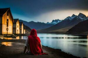 un mujer en un rojo capa se sienta por el agua con montañas en el antecedentes. generado por ai foto