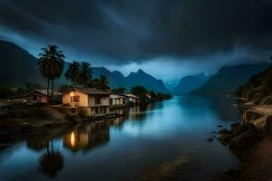 a lake and houses in the mountains under a dark sky. AI-Generated photo