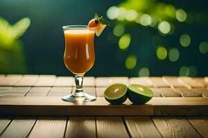 a glass of orange juice with a slice of lime on a wooden table. AI-Generated photo