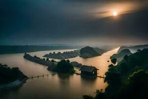 un hermosa amanecer terminado un río con casas y barcos generado por ai foto