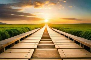 a wooden bridge leads to the sun. AI-Generated photo