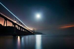 a long bridge spanning the water at night. AI-Generated photo