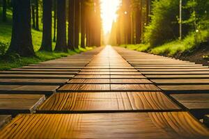 a wooden path in the woods with the sun shining. AI-Generated photo