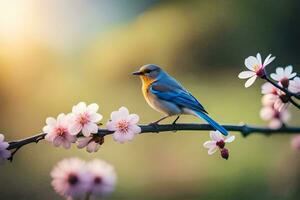 foto fondo de pantalla el sol, flores, pájaro, primavera, el pájaro, primavera, el pájaro,. generado por ai