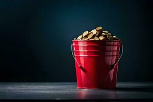 a red bucket filled with coins on a dark table. AI-Generated photo
