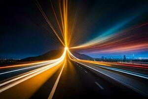 un largo exposición fotografía de un autopista a noche. generado por ai foto