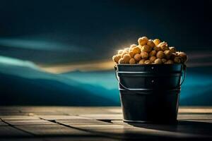a bucket full of nuts on a wooden table. AI-Generated photo