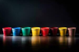 a row of colorful cups on a black background. AI-Generated photo