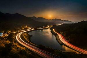 a long exposure photo of a river and mountains at night. AI-Generated