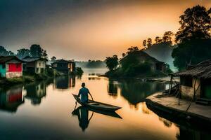 un hombre en un barco en un río a amanecer. generado por ai foto