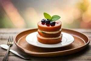 a stack of cake on a plate with a fork and knife. AI-Generated photo