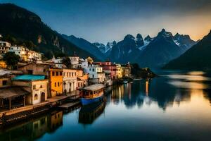 foto fondo de pantalla el cielo, montañas, lago, casas, barcos, atardecer, el montañas, lago. generado por ai