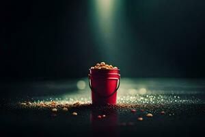 a red bucket filled with peanuts on a black surface. AI-Generated photo