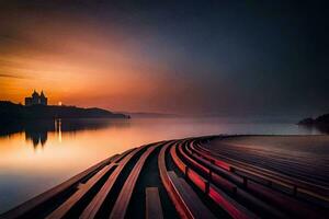 a long wooden pier with a castle in the background. AI-Generated photo