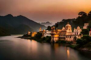 el puesta de sol terminado el lago en udaipur, India. generado por ai foto