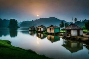 the sun rises over the water and the huts in the foreground. AI-Generated photo