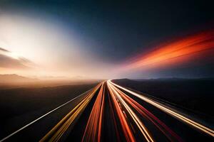 a long exposure photograph of a highway at sunset. AI-Generated photo