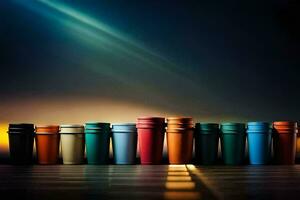 a row of colorful cups on a dark background. AI-Generated photo