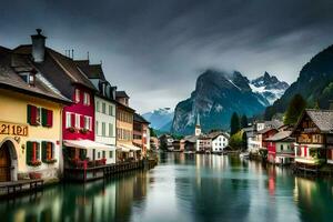 photo wallpaper the sky, mountains, water, houses, switzerland, lake, switzerland,. AI-Generated