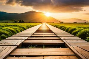 a wooden walkway leads to the sun. AI-Generated photo