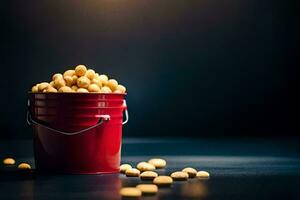 a bucket filled with peanuts on a dark table. AI-Generated photo