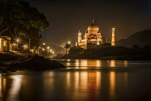a mosque lit up at night by the water. AI-Generated photo