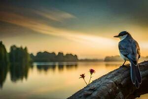 un pájaro se sienta en un rama con vista a un lago a puesta de sol. generado por ai foto