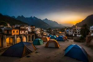 tents in the mountains at sunset. AI-Generated photo