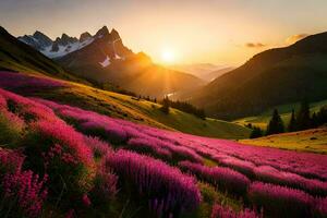the sun rises over a field of purple flowers. AI-Generated photo