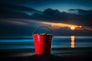 a red bucket on the beach with a full moon in the background. AI-Generated photo