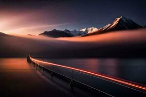 a long exposure photograph of a bridge over water with mountains in the background. AI-Generated photo