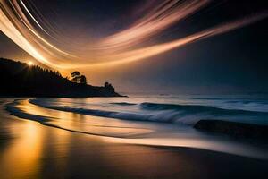 un largo exposición fotografía de un playa a noche. generado por ai foto