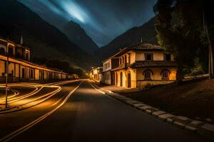 a long exposure photo of a street in the mountains. AI-Generated