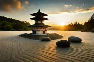 a pagoda sits on the sand at sunset. AI-Generated photo