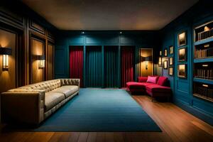 el vivo habitación tiene azul paredes y rojo mueble. generado por ai foto