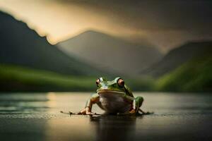 un rana sentado en el suelo en frente de un montaña. generado por ai foto