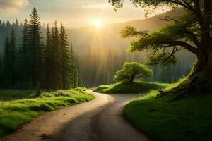 a road in the forest with trees and sun. AI-Generated photo