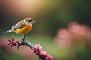 un pequeño pájaro es encaramado en un rama con rosado flores generado por ai foto