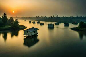 the sun rises over a river with several small houses on it. AI-Generated photo