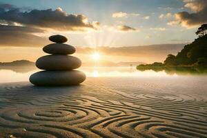 a stack of stones on the beach at sunset. AI-Generated photo