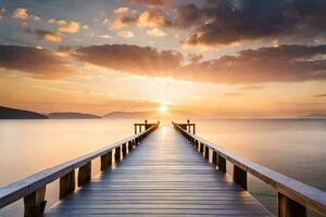 a wooden pier stretches out into the ocean at sunset. AI-Generated photo